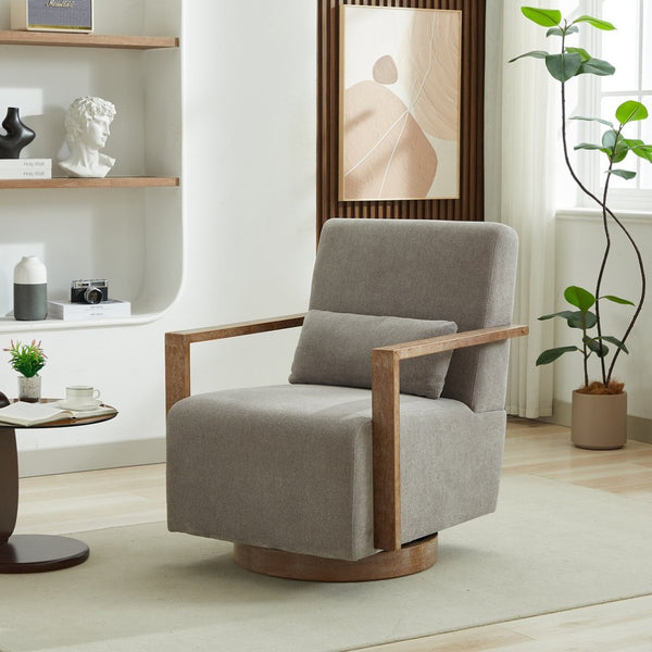 English Elm 29.72"w Swivel Linen Blend Accent Chair Rubberwood Arms Retro Reading Lounge Seat Gray W3189P438350