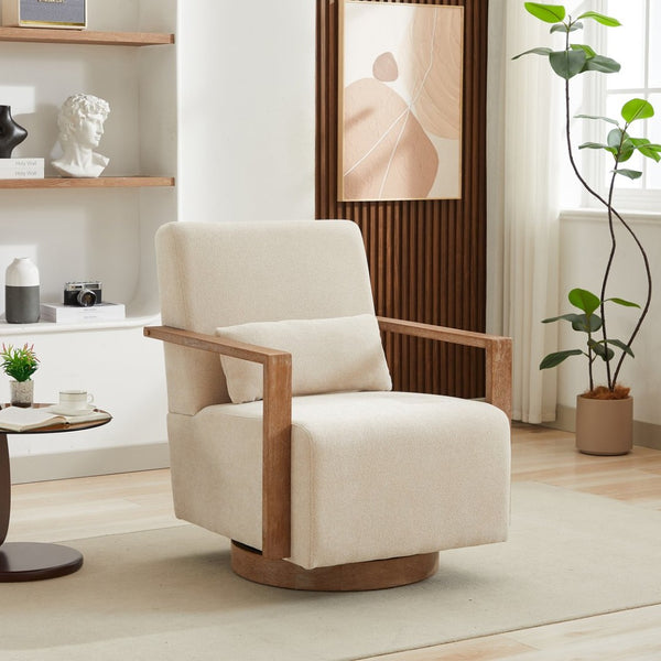 English Elm 29.72"w Swivel Linen Blend Accent Chair Rubberwood Arms Retro Reading Lounge Seat Beige W3189P438351