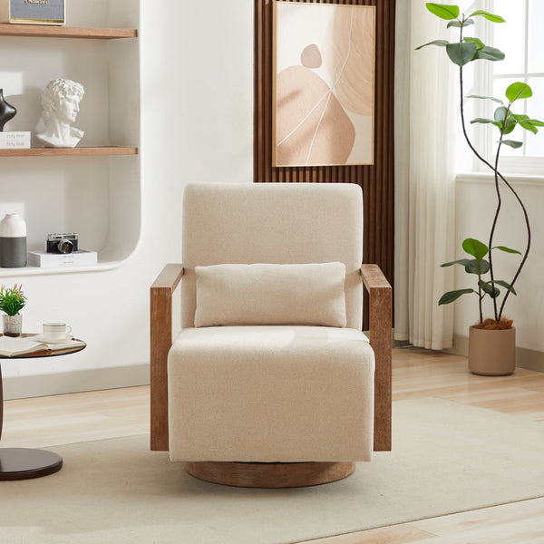 English Elm 29.72"w Swivel Linen Blend Accent Chair Rubberwood Arms Retro Reading Lounge Seat Beige W3189P438351