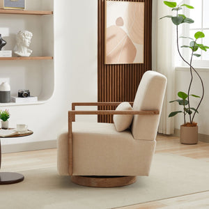 English Elm 29.72"w Swivel Linen Blend Accent Chair Rubberwood Arms Retro Reading Lounge Seat Beige W3189P438351