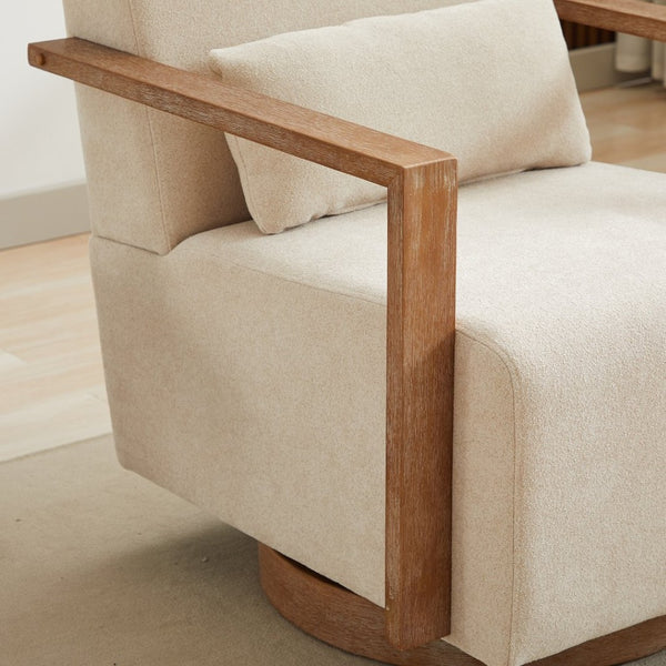 English Elm 29.72"w Swivel Linen Blend Accent Chair Rubberwood Arms Retro Reading Lounge Seat Beige W3189P438351