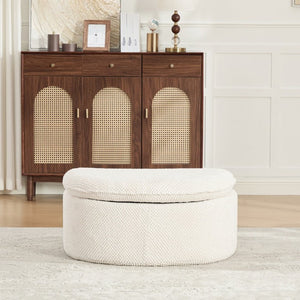 English Elm 34.45W Moon-Shaped Pineapple Lattice Ottoman Footrest for Living Room or Bedroom Beige W3189P526066
