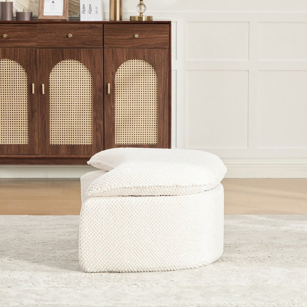English Elm 34.45W Moon-Shaped Pineapple Lattice Ottoman Footrest for Living Room or Bedroom Beige W3189P526066