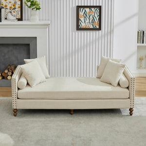 English Elm 75.2'' Chenille Upholstered Chaise Lounge Daybed with Brass Nailheads and Pocket Spring Cushion Beige W3189S00050
