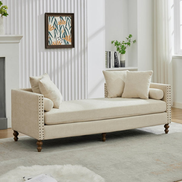 English Elm 75.2'' Chenille Upholstered Chaise Lounge Daybed with Brass Nailheads and Pocket Spring Cushion Beige W3189S00050
