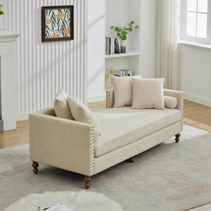 English Elm 75.2'' Chenille Upholstered Chaise Lounge Daybed with Brass Nailheads and Pocket Spring Cushion Beige W3189S00050