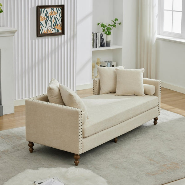 English Elm 75.2'' Chenille Upholstered Chaise Lounge Daybed with Brass Nailheads and Pocket Spring Cushion Beige W3189S00050