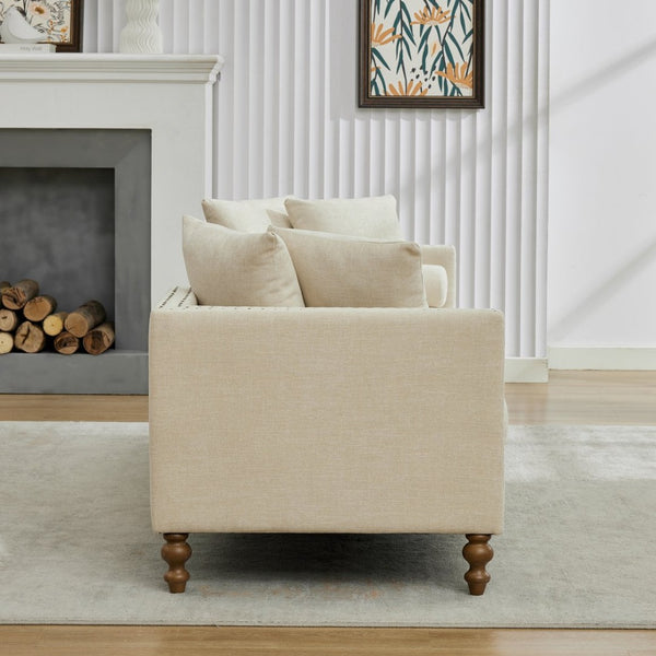 English Elm 75.2'' Chenille Upholstered Chaise Lounge Daybed with Brass Nailheads and Pocket Spring Cushion Beige W3189S00050