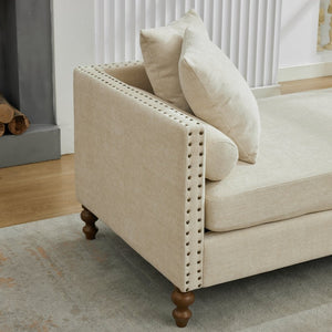 English Elm 75.2'' Chenille Upholstered Chaise Lounge Daybed with Brass Nailheads and Pocket Spring Cushion Beige W3189S00050
