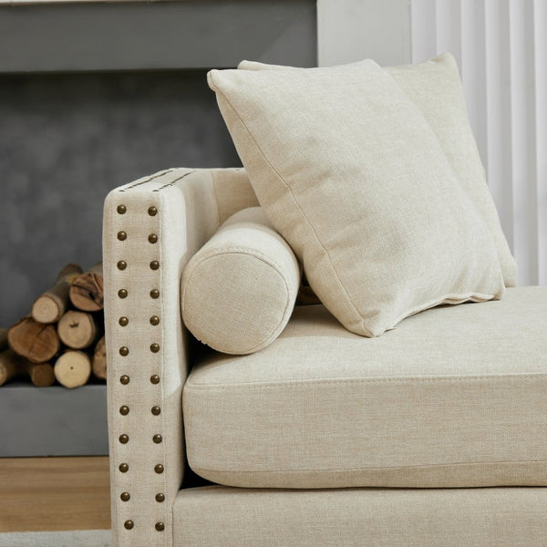 English Elm 75.2'' Chenille Upholstered Chaise Lounge Daybed with Brass Nailheads and Pocket Spring Cushion Beige W3189S00050