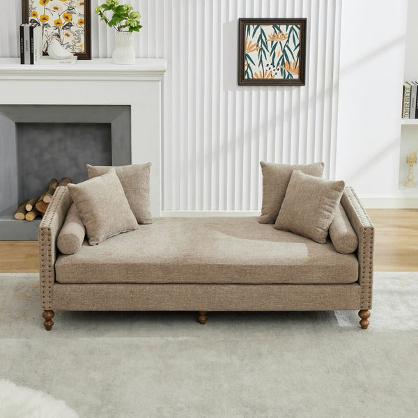 English Elm 75.2'' Chenille Upholstered Chaise Lounge Daybed with Brass Nailheads and Pocket Spring Cushion Taupe W3189S00051