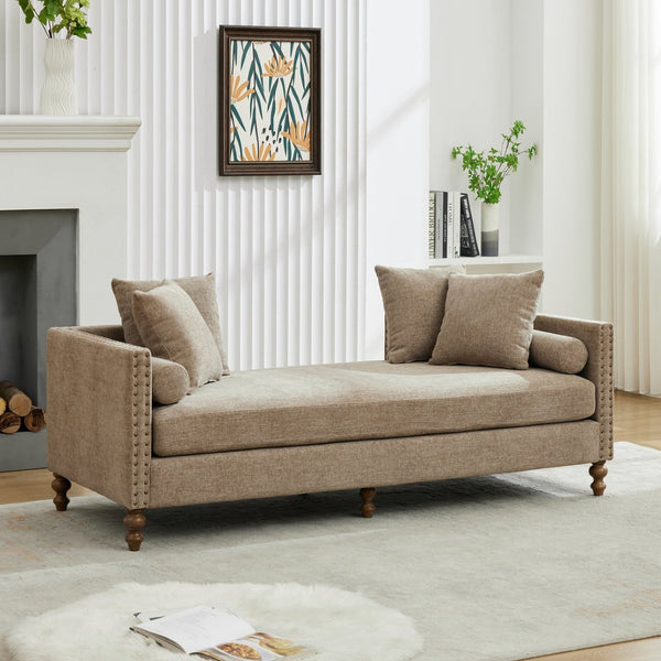 English Elm 75.2'' Chenille Upholstered Chaise Lounge Daybed with Brass Nailheads and Pocket Spring Cushion Taupe W3189S00051