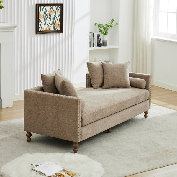 English Elm 75.2'' Chenille Upholstered Chaise Lounge Daybed with Brass Nailheads and Pocket Spring Cushion Taupe W3189S00051