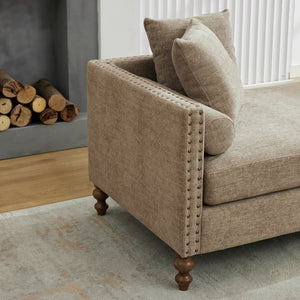 English Elm 75.2'' Chenille Upholstered Chaise Lounge Daybed with Brass Nailheads and Pocket Spring Cushion Taupe W3189S00051
