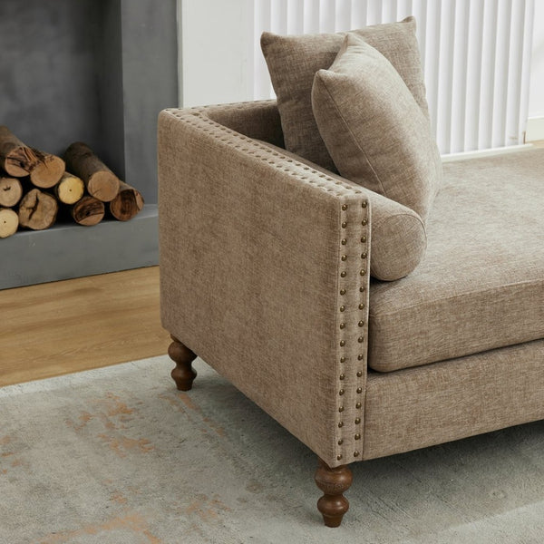 English Elm 75.2'' Chenille Upholstered Chaise Lounge Daybed with Brass Nailheads and Pocket Spring Cushion Taupe W3189S00051