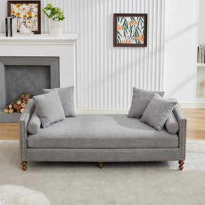 English Elm 75.2'' Chenille Upholstered Chaise Lounge Daybed with Brass Nailheads and Pocket Spring Cushion Gray W3189S00052