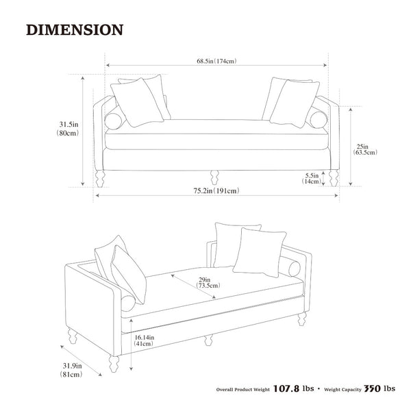 English Elm 75.2'' Chenille Upholstered Chaise Lounge Daybed with Brass Nailheads and Pocket Spring Cushion Gray W3189S00052