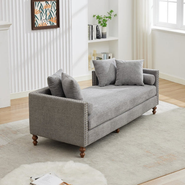 English Elm 75.2'' Chenille Upholstered Chaise Lounge Daybed with Brass Nailheads and Pocket Spring Cushion Gray W3189S00052