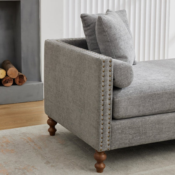 English Elm 75.2'' Chenille Upholstered Chaise Lounge Daybed with Brass Nailheads and Pocket Spring Cushion Gray W3189S00052