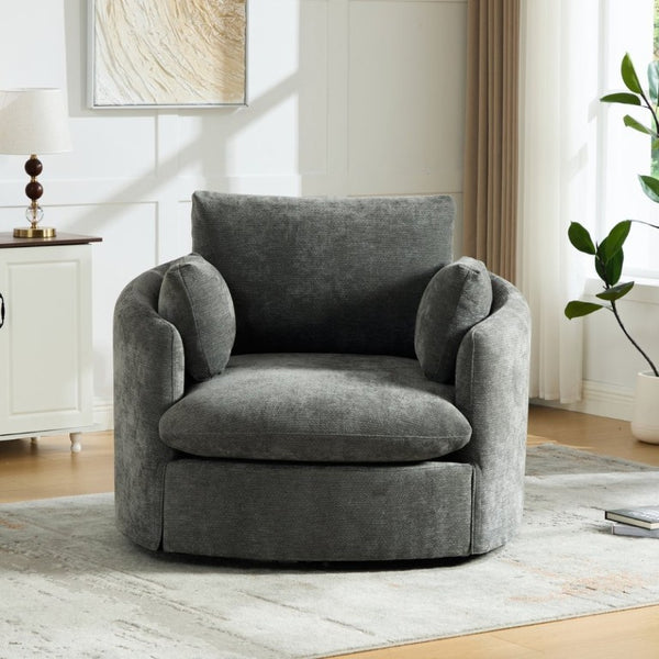 English Elm 42.52W Chenille Swivel Barrel Chair with Pocket Spring Seat and Lumbar Pillow Support Charcoal W3189S00056