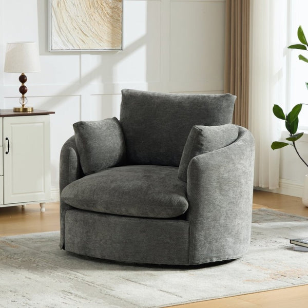 English Elm 42.52W Chenille Swivel Barrel Chair with Pocket Spring Seat and Lumbar Pillow Support Charcoal W3189S00056