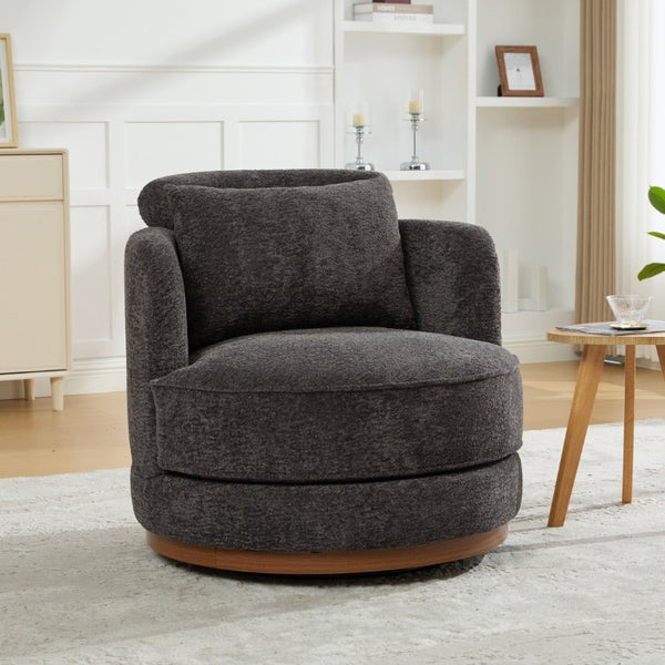 English Elm 33.86W Chenille Swivel Barrel Chair with Wooden Base Ring for Living Room Charcoal W3189S00057
