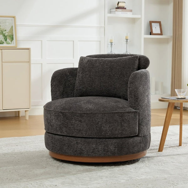 English Elm 33.86W Chenille Swivel Barrel Chair with Wooden Base Ring for Living Room Charcoal W3189S00057