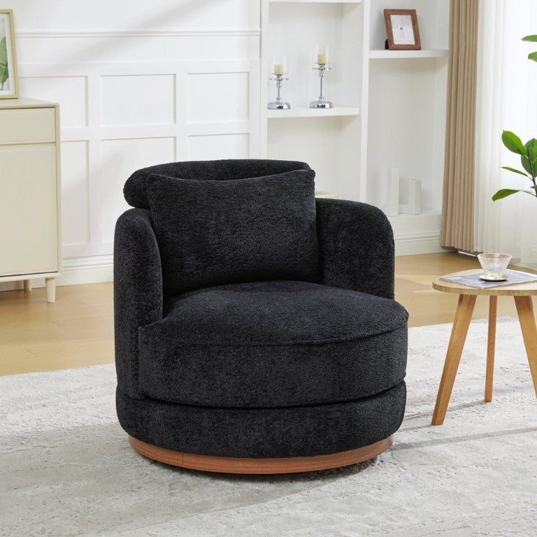 English Elm 33.86W Chenille Swivel Barrel Chair with Wooden Base Ring for Living Room Black W3189S00058
