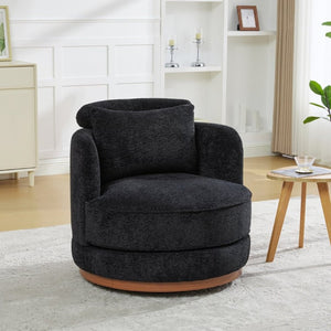 English Elm 33.86W Chenille Swivel Barrel Chair with Wooden Base Ring for Living Room Black W3189S00058