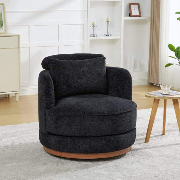 English Elm 33.86W Chenille Swivel Barrel Chair with Wooden Base Ring for Living Room Black W3189S00058
