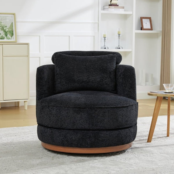 English Elm 33.86W Chenille Swivel Barrel Chair with Wooden Base Ring for Living Room Black W3189S00058
