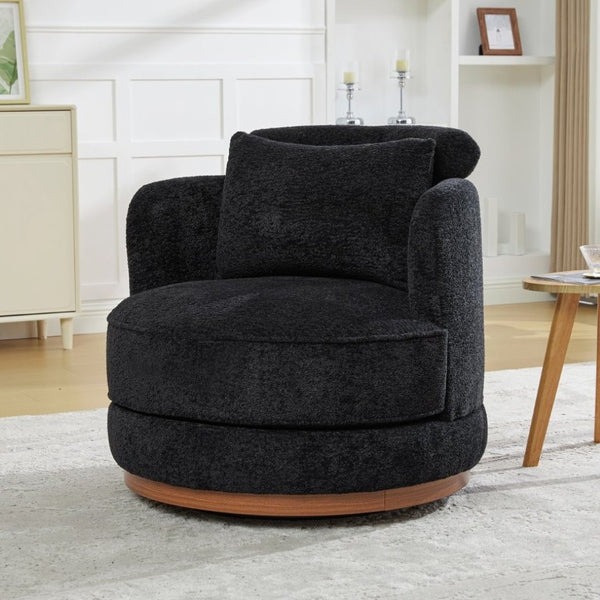 English Elm 33.86W Chenille Swivel Barrel Chair with Wooden Base Ring for Living Room Black W3189S00058