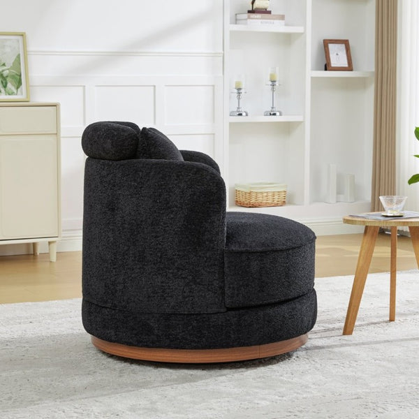 English Elm 33.86W Chenille Swivel Barrel Chair with Wooden Base Ring for Living Room Black W3189S00058