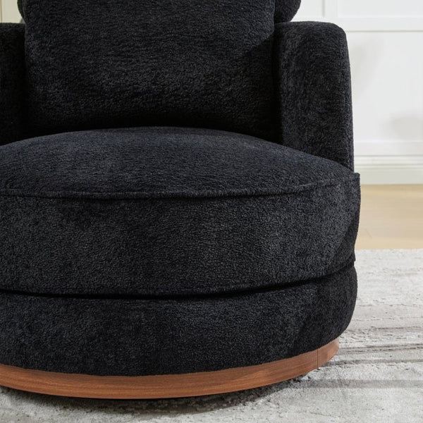 English Elm 33.86W Chenille Swivel Barrel Chair with Wooden Base Ring for Living Room Black W3189S00058