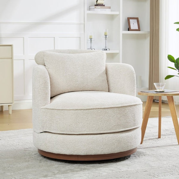English Elm 33.86W Chenille Swivel Barrel Chair with Wooden Base Ring for Living Room Beige W3189S00059