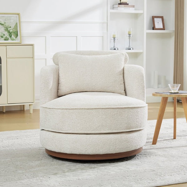 English Elm 33.86W Chenille Swivel Barrel Chair with Wooden Base Ring for Living Room Beige W3189S00059
