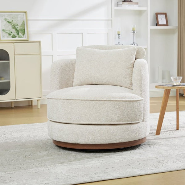 English Elm 33.86W Chenille Swivel Barrel Chair with Wooden Base Ring for Living Room Beige W3189S00059