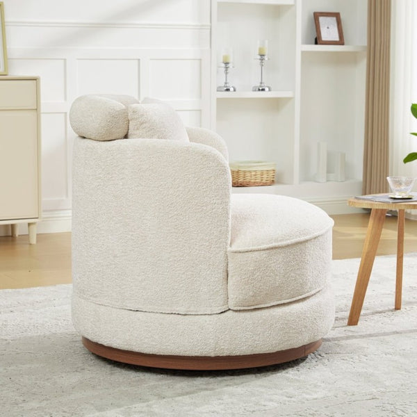 English Elm 33.86W Chenille Swivel Barrel Chair with Wooden Base Ring for Living Room Beige W3189S00059