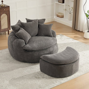 English Elm 53.15W Round Pumpkin Lounge Chair with Ottoman Pineapple Lattice Fabric Cozy Reading Nook W3189S00062