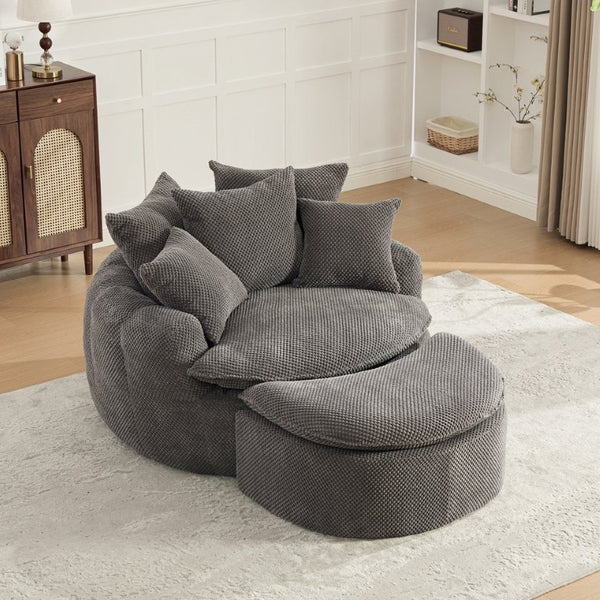 English Elm 53.15W Round Pumpkin Lounge Chair with Ottoman Pineapple Lattice Fabric Cozy Reading Nook W3189S00062