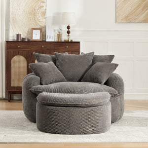 English Elm 53.15W Round Pumpkin Lounge Chair with Ottoman Pineapple Lattice Fabric Cozy Reading Nook W3189S00062