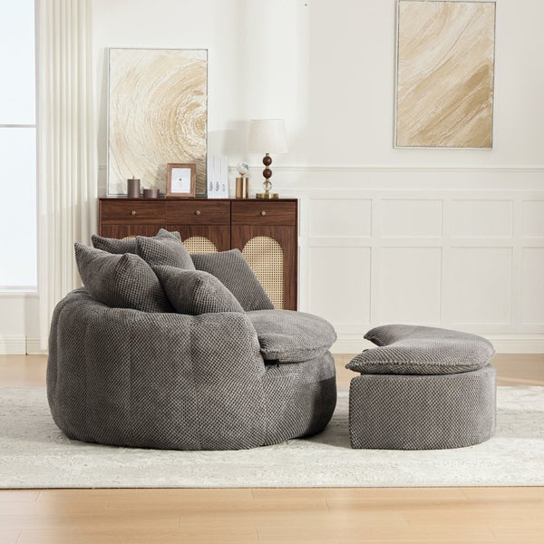 English Elm 53.15W Round Pumpkin Lounge Chair with Ottoman Pineapple Lattice Fabric Cozy Reading Nook W3189S00062