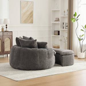 English Elm 53.15W Round Pumpkin Lounge Chair with Ottoman Pineapple Lattice Fabric Cozy Reading Nook W3189S00062