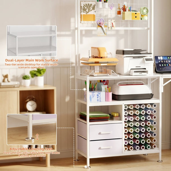English Elm Large Foldable Metal Craft Workbench with Pegboard Vinyl Rack Drawers and Shelving W3190P482750