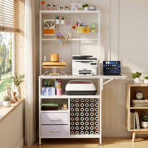 English Elm Large Foldable Metal Craft Workbench with Pegboard Vinyl Rack Drawers and Shelving W3190P482750