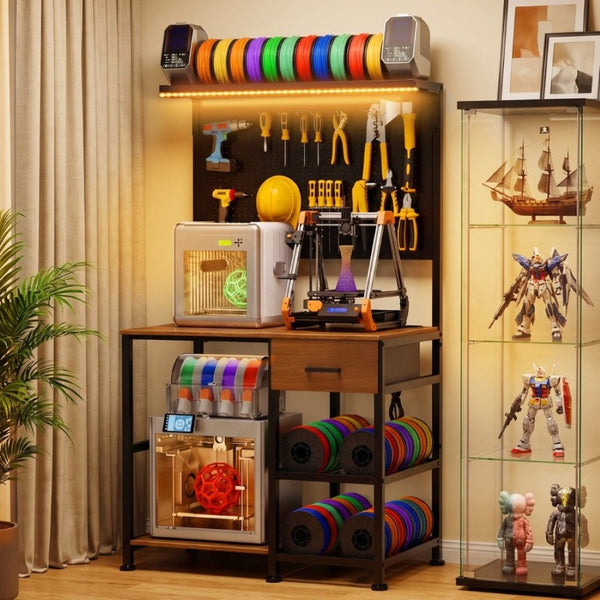 English Elm 3D Printer Workstation with Pegboard Filament Racks LED Lighting and Power Strip W3190P507012