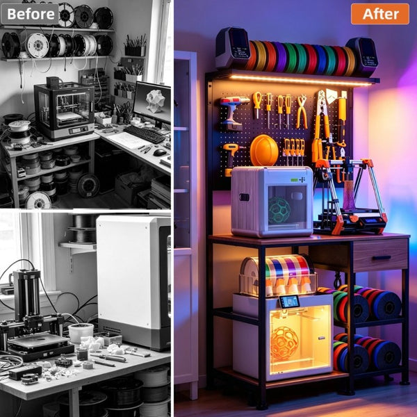 English Elm 3D Printer Workstation with Pegboard Filament Racks LED Lighting and Power Strip W3190P507012