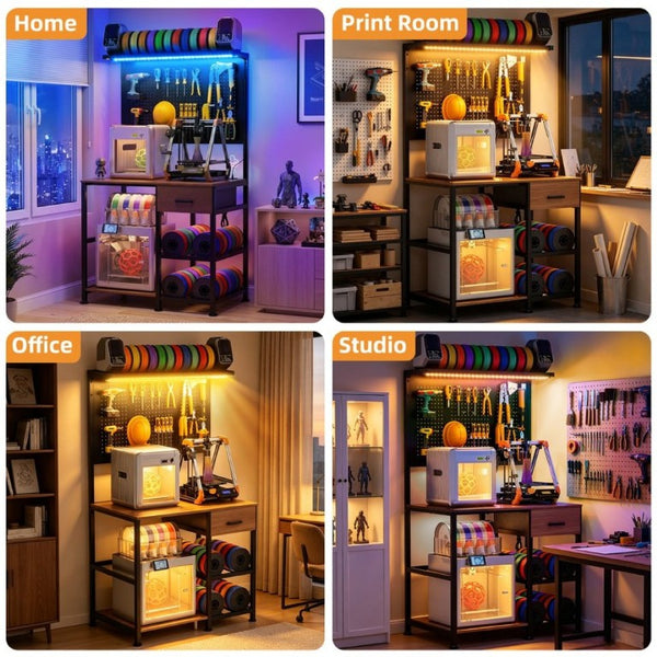 English Elm 3D Printer Workstation with Pegboard Filament Racks LED Lighting and Power Strip W3190P507012