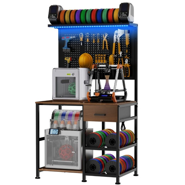 English Elm 3D Printer Workstation with Pegboard Filament Racks LED Lighting and Power Strip W3190P507012