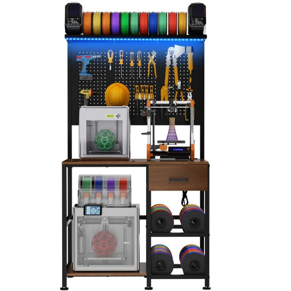 English Elm 3D Printer Workstation with Pegboard Filament Racks LED Lighting and Power Strip W3190P507012